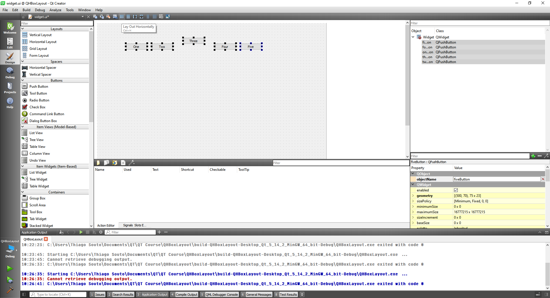 QHBoxLayout class